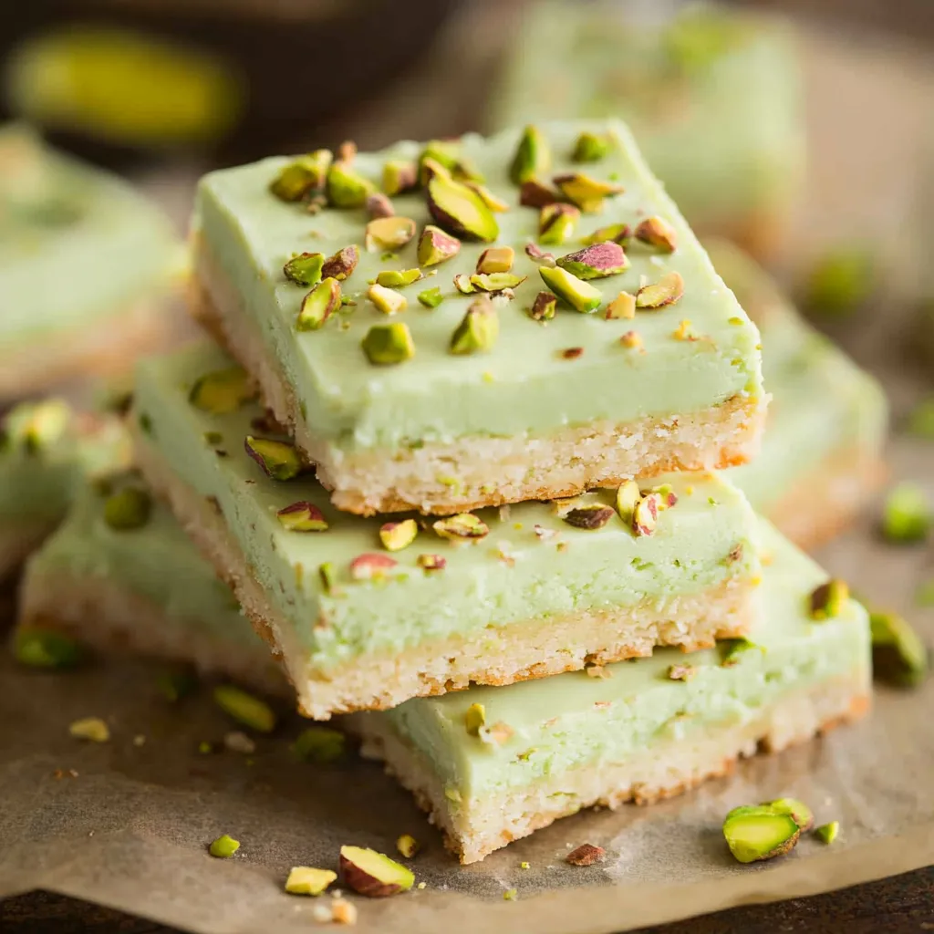 A stack of layered, green pistachio dessert bars.