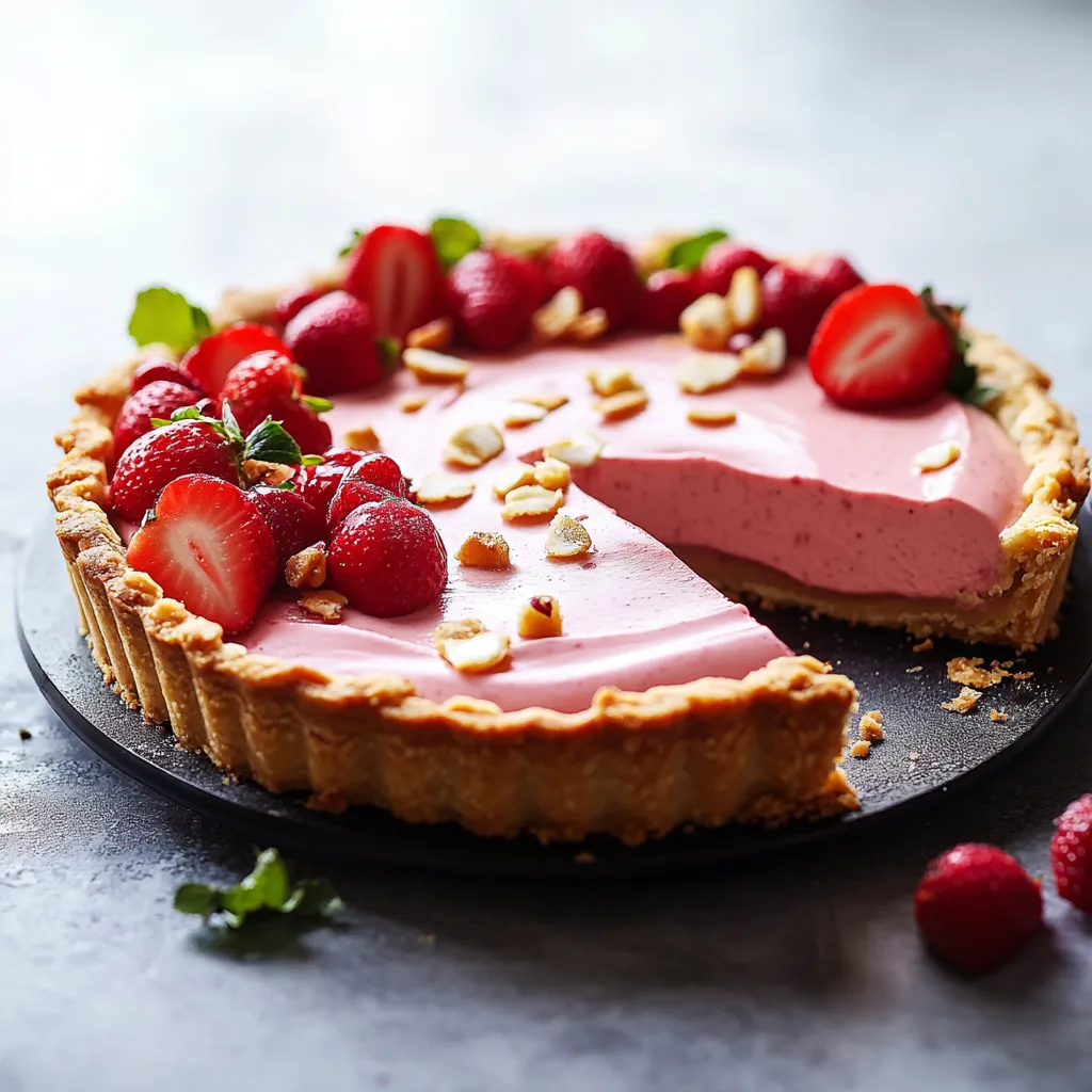 A slice of strawberry cheesecake on a plate.