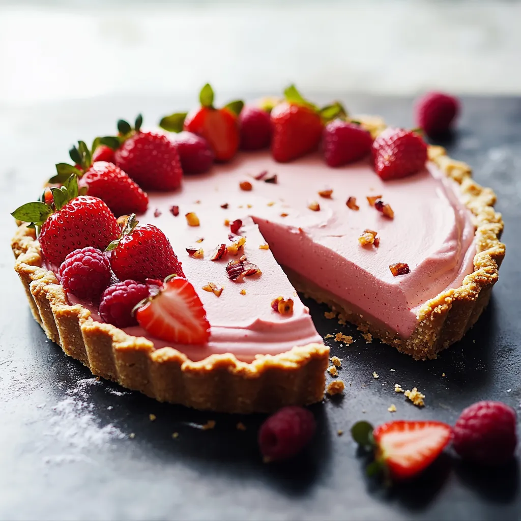 A slice of strawberry cheesecake on a plate.