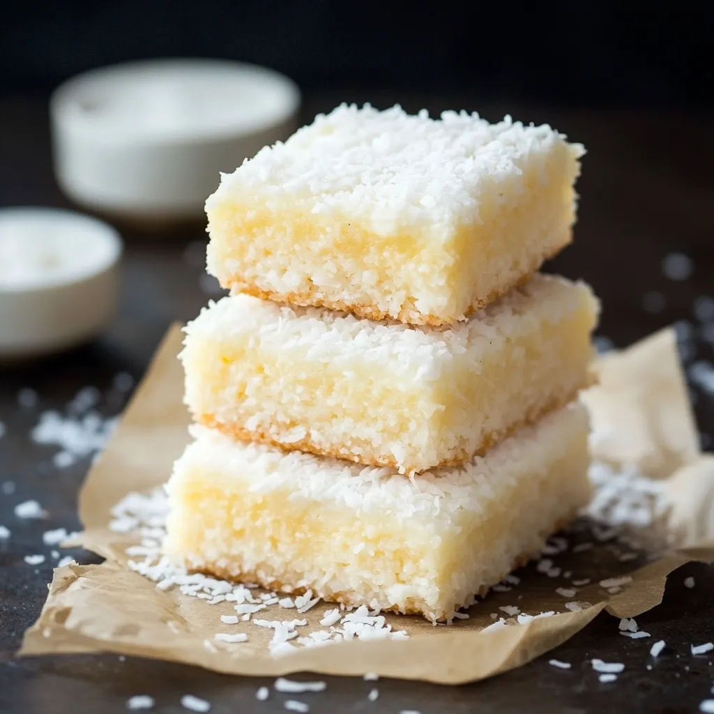 Three pieces of coconut cake stacked on top of each other.