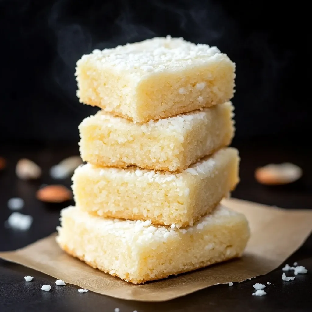 A stack of cake squares with powdered sugar on top.