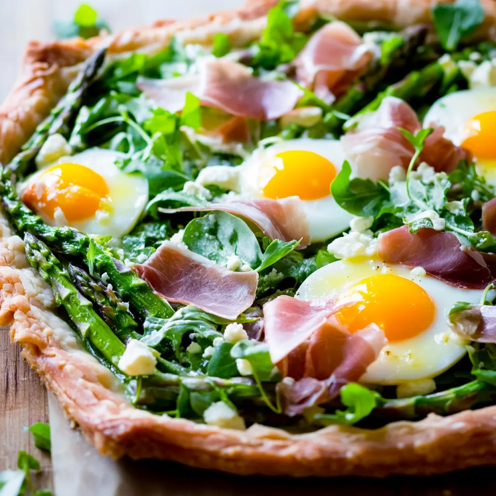 A baked pastry topped with eggs and cured meat.