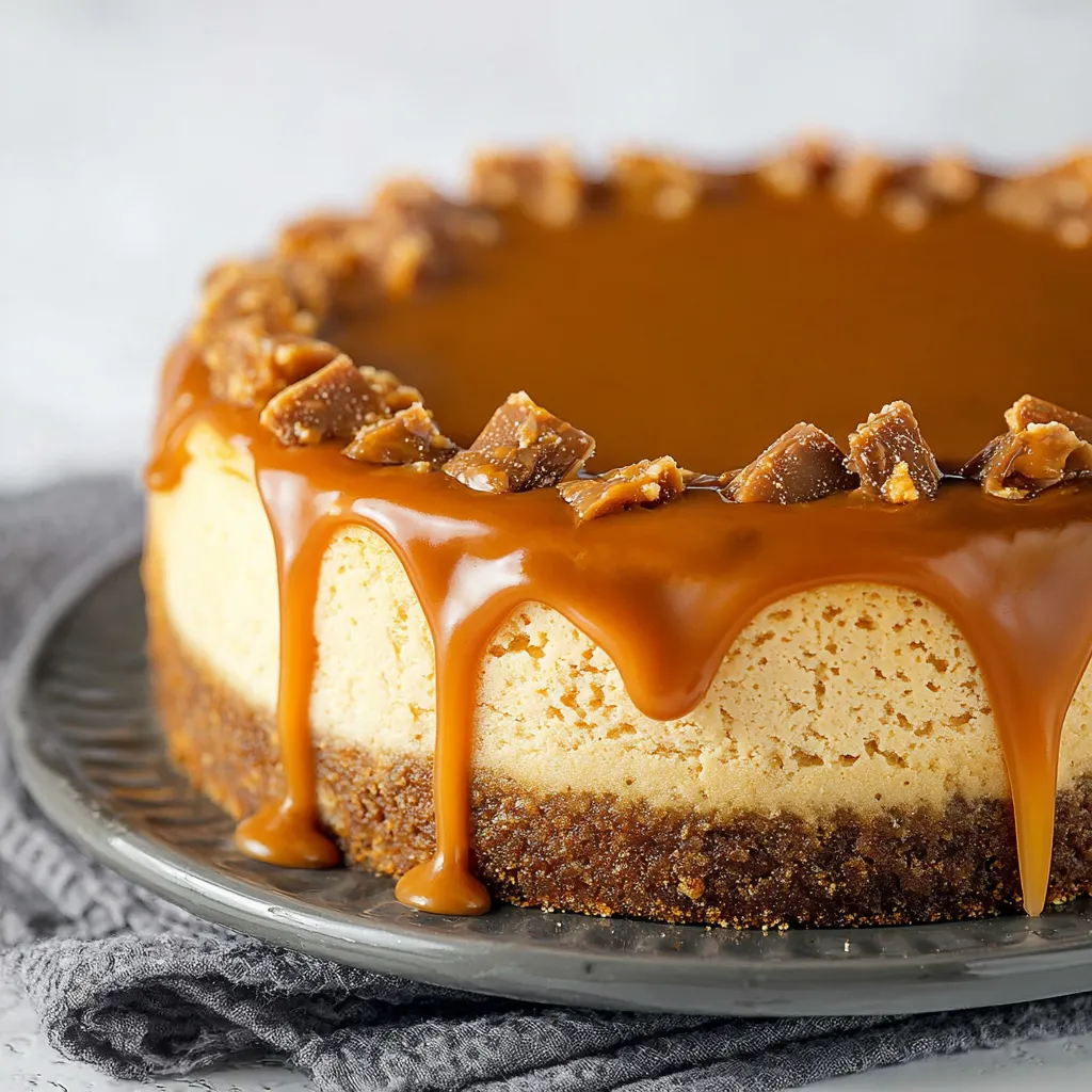 A slice of caramel cheesecake on a plate.
