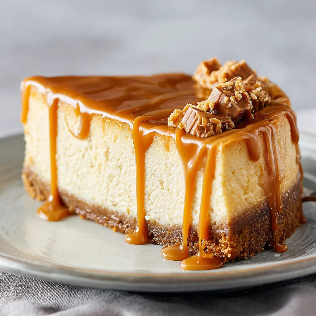 A slice of cheesecake with caramel drizzle.