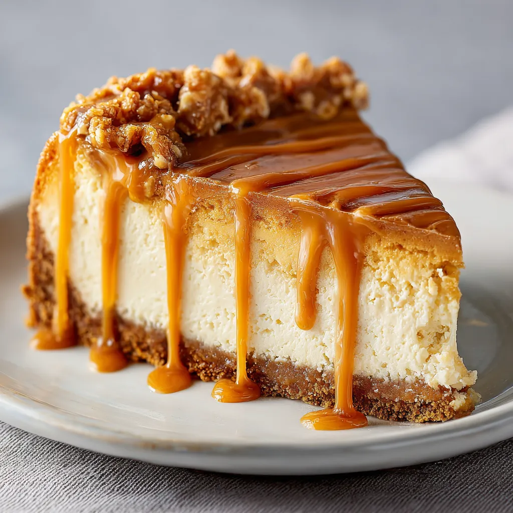 A slice of cheesecake with caramel drizzled on top.