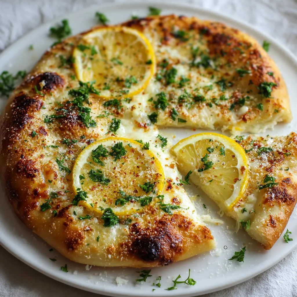 A slice of pizza with lemon and herbs on top.