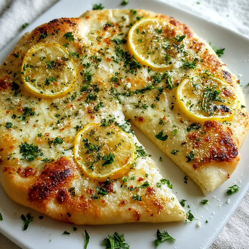 A slice of pizza with lemon and herbs.