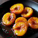 Peach slices in sweet buttery sauce on a plate.