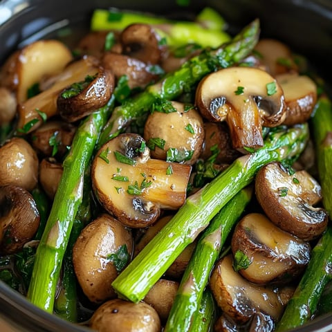 A bowl of mushrooms and asparagus.