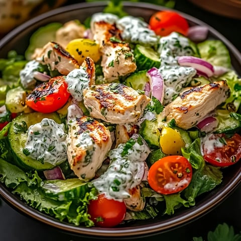 A colorful bowl filled with chicken, fresh vegetables, and yogurt sauce.