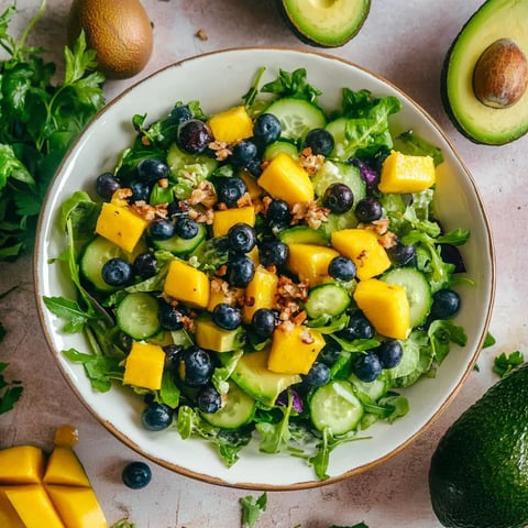 A big bowl filled with avocado, mango, blueberries, and greens.