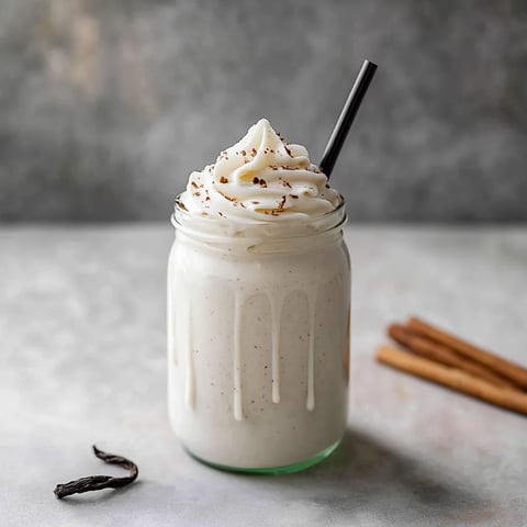 A creamy drink with whipped topping and cinnamon sticks.