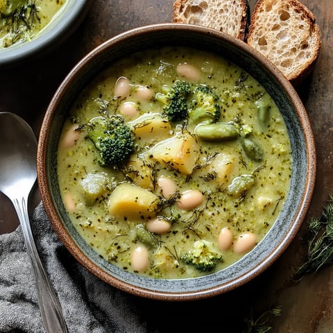 A bowl of soup with broccoli and beans.