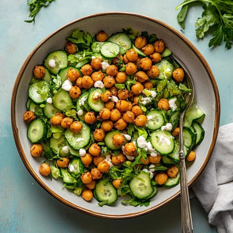 A bowl of vegetables with cucumbers and chickpeas.