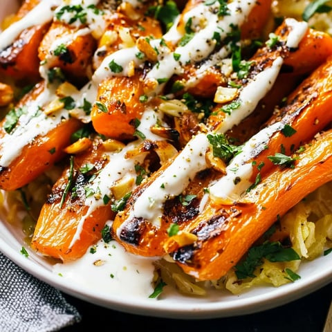 A dish of roasted carrots with creamy yogurt dressing.